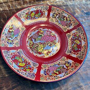 Vintage Red Enamel Decorative Bowl With Floral & Peacock Motifs